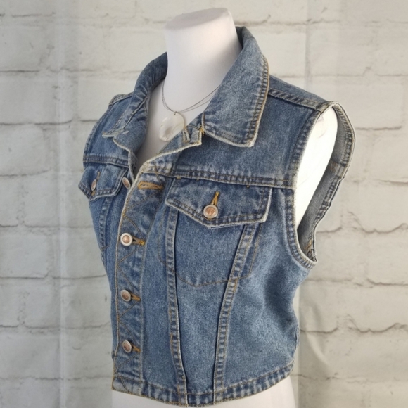 Vintage L Cropped Denim Jean Jacket Vest Adjustable Waist - Picture 3 of 10